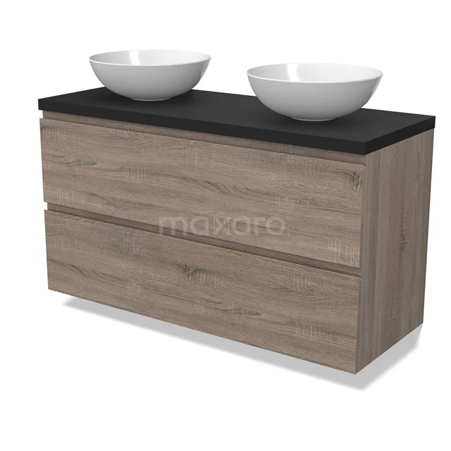 Modulo Plato Badmöbel mit Aufsatzwaschbecken | 120 cm Eiche Grifflos front Matt Schwarz blatt 2 übereinanderliegende Schubladen BMK17-02816