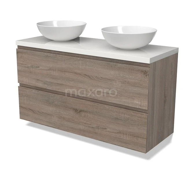 Modulo Plato Badmöbel mit Aufsatzwaschbecken | 120 cm Eiche Grifflos front Hochglanz Weiß blatt 2 übereinanderliegende Schubladen BMK17-02819