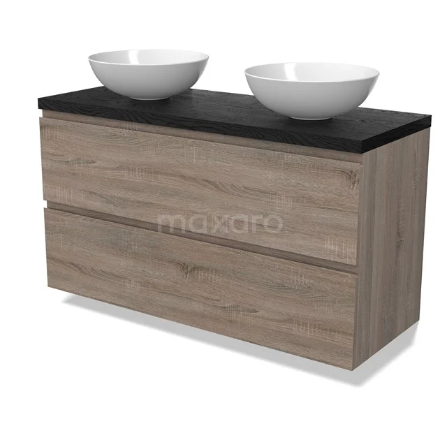 Modulo Plato Vanity units for countertop basin | 120 cm Oak Handle-less front Black oak worktop 2 Stacked drawers BMK17-02824