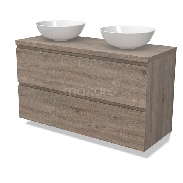 Modulo Plato Badmöbel mit Aufsatzwaschbecken | 120 cm Eiche Grifflos front Eiche blatt 2 übereinanderliegende Schubladen BMK17-02825