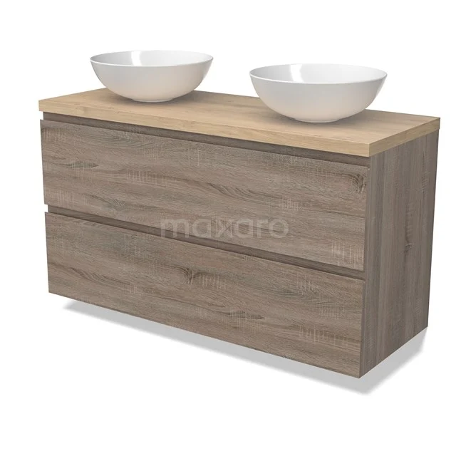 Modulo Plato Vanity units for countertop basin | 120 cm Oak Handle-less front Light brown oak worktop 2 Stacked drawers BMK17-02827