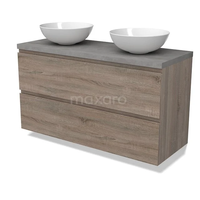 Modulo Plato Vanity units for countertop basin | 120 cm Oak Handle-less front Light grey concrete worktop 2 Stacked drawers BMK17-02831