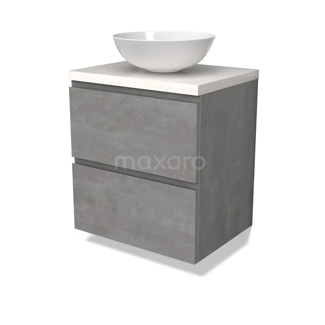 Modulo Plato Badmöbel mit Aufsatzwaschbecken | 60 cm Hellgrauer Beton Grifflos front Hochglanz Weiß blatt 2 übereinanderliegende Schubladen BMK17-02836