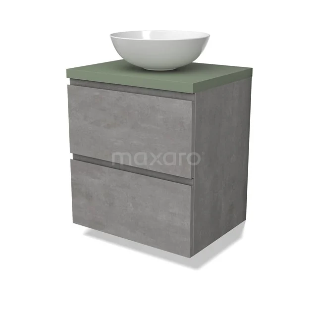 Modulo Plato Badmöbel mit Aufsatzwaschbecken | 60 cm Hellgrauer Beton Grifflos front Salbeigrün blatt 2 übereinanderliegende Schubladen BMK17-02840