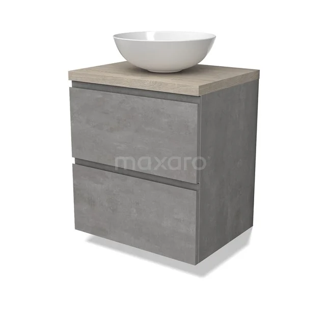 Modulo Plato Badmöbel mit Aufsatzwaschbecken | 60 cm Hellgrauer Beton Grifflos front Hellgraue Eiche blatt 2 übereinanderliegende Schubladen BMK17-02843