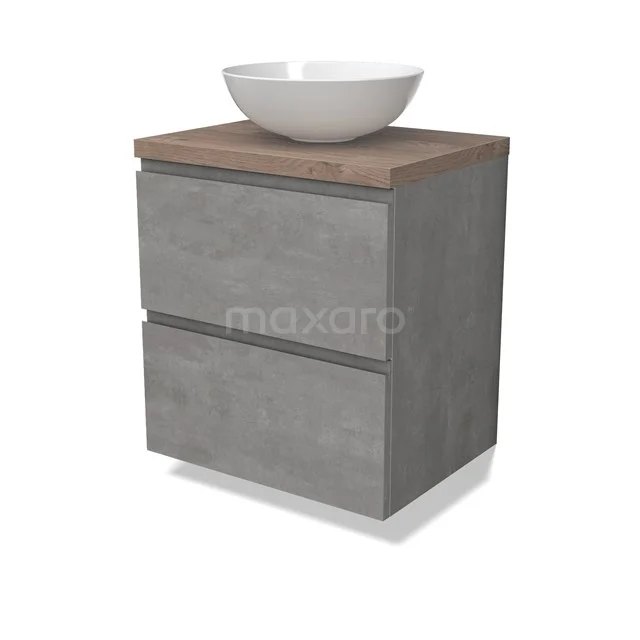 Modulo Plato Badmöbel mit Aufsatzwaschbecken | 60 cm Hellgrauer Beton Grifflos front Mittelbraune Eiche blatt 2 übereinanderliegende Schubladen BMK17-02845