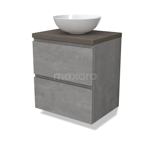 Modulo Plato Vanity units for countertop basin | 60 cm Light grey concrete Handle-less front Dark brown oak worktop 2 Stacked drawers BMK17-02846
