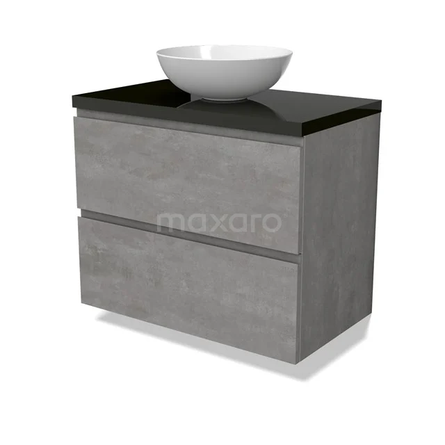 Modulo Plato Vanity units for countertop basin | 80 cm Light grey concrete Handle-less front High-gloss black worktop 2 Stacked drawers BMK17-02856