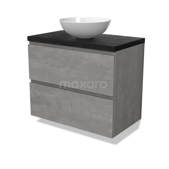Modulo Plato Vanity units for countertop basin | 80 cm Light grey concrete Handle-less front Black oak worktop 2 Stacked drawers BMK17-02858