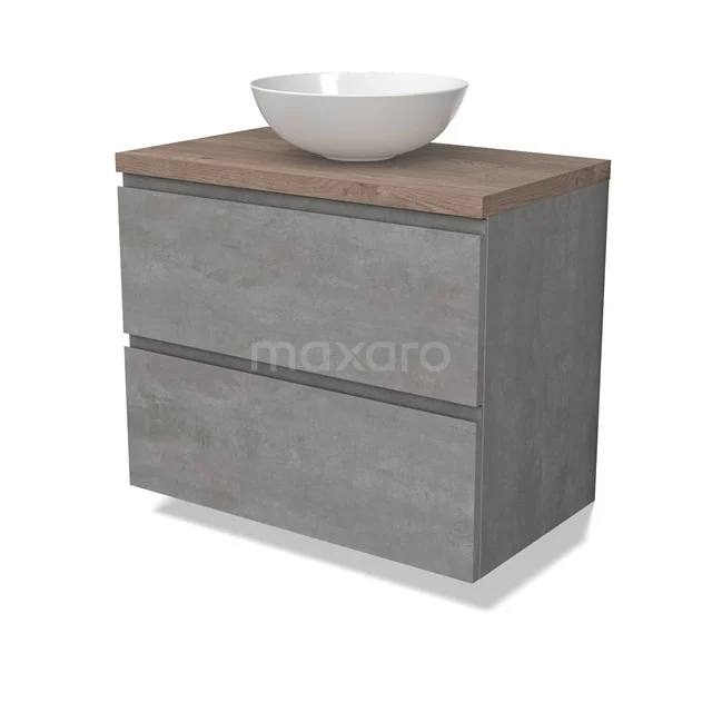 Modulo Plato Vanity units for countertop basin | 80 cm Light grey concrete Handle-less front Mid brown oak worktop 2 Stacked drawers BMK17-02862