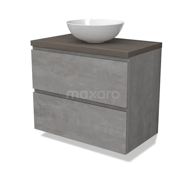 Modulo Plato Vanity units for countertop basin | 80 cm Light grey concrete Handle-less front Dark brown oak worktop 2 Stacked drawers BMK17-02863