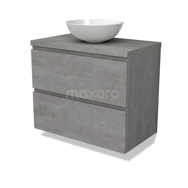 Modulo Plato Vanity units for countertop basin | 80 cm Light grey concrete Handle-less front Grey oak worktop 2 Stacked drawers BMK17-02864