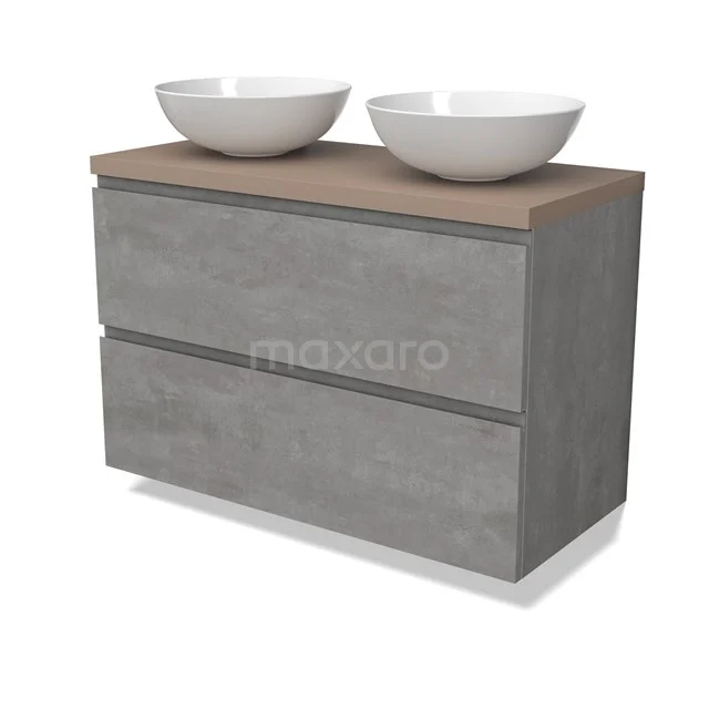 Modulo Plato Badkamermeubel voor waskom | 100 cm Lichtgrijs beton Greeploos front Taupe blad 2 lades onder elkaar BMK17-02868