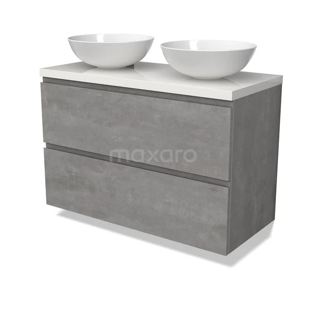 Modulo Plato Badmöbel mit Aufsatzwaschbecken | 100 cm Hellgrauer Beton Grifflos front Hochglanz Weiß blatt 2 übereinanderliegende Schubladen BMK17-02870