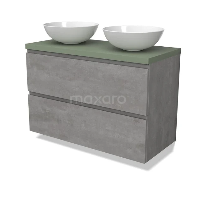 Modulo Plato Vanity units for countertop basin | 100 cm Light grey concrete Handle-less front Sage green worktop 2 Stacked drawers BMK17-02874
