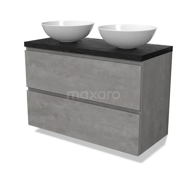 Modulo Plato Badmöbel mit Aufsatzwaschbecken | 100 cm Hellgrauer Beton Grifflos front Schwarze Eiche blatt 2 übereinanderliegende Schubladen BMK17-02875