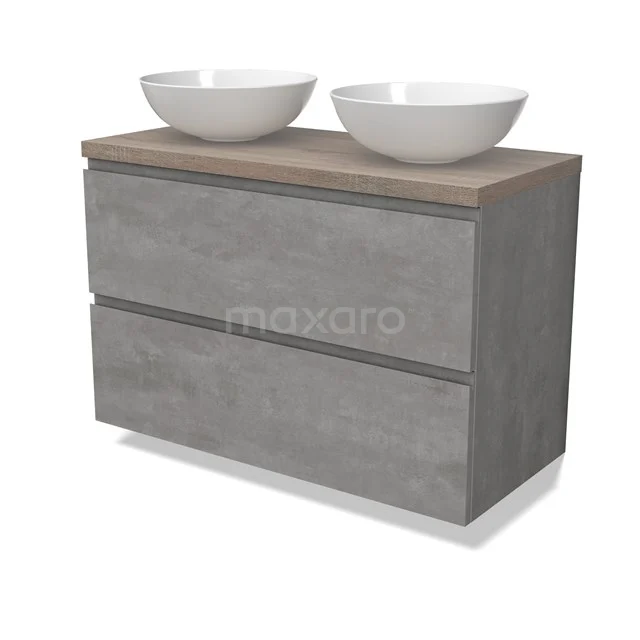 Modulo Plato Vanity units for countertop basin | 100 cm Light grey concrete Handle-less front Oak worktop 2 Stacked drawers BMK17-02876