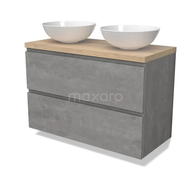 Modulo Plato Vanity units for countertop basin | 100 cm Light grey concrete Handle-less front Light brown oak worktop 2 Stacked drawers BMK17-02878