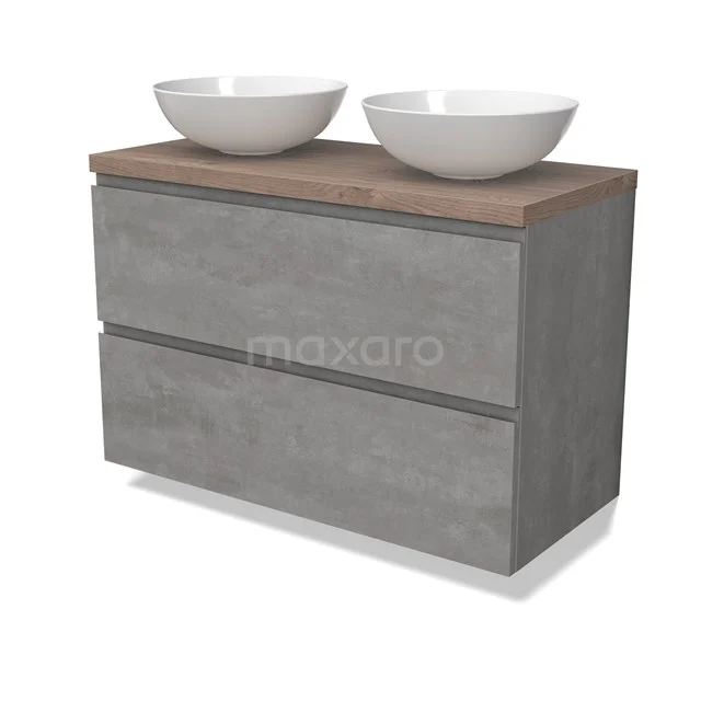 Modulo Plato Vanity units for countertop basin | 100 cm Light grey concrete Handle-less front Mid brown oak worktop 2 Stacked drawers BMK17-02879