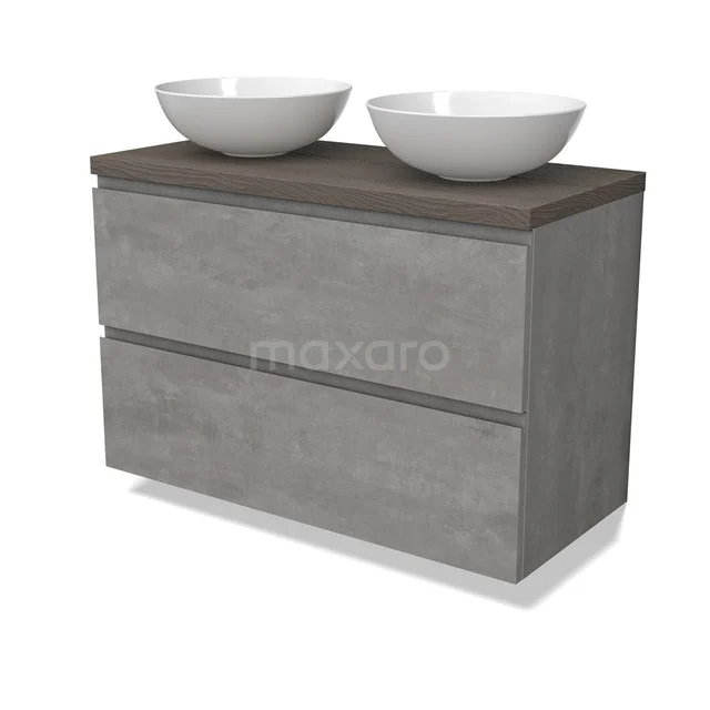 Modulo Plato Vanity units for countertop basin | 100 cm Light grey concrete Handle-less front Dark brown oak worktop 2 Stacked drawers BMK17-02880