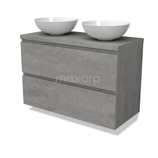 Modulo Plato Vanity units for countertop basin | 100 cm Light grey concrete Handle-less front Grey oak worktop 2 Stacked drawers BMK17-02881