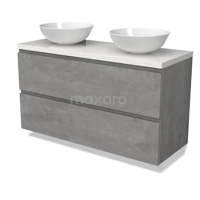 Modulo Plato Badmöbel mit Aufsatzwaschbecken | 120 cm Hellgrauer Beton Grifflos front Hochglanz Weiß blatt 2 übereinanderliegende Schubladen BMK17-02887