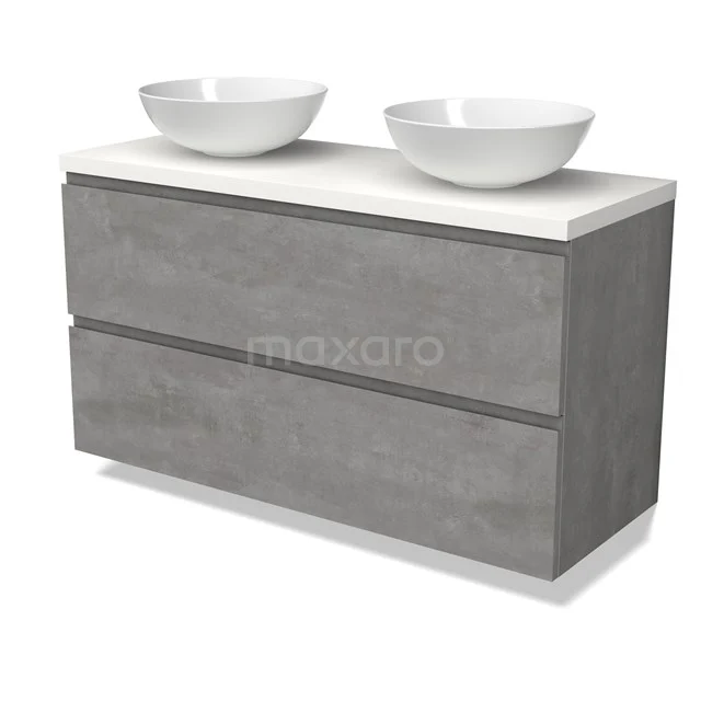 Modulo Plato Vanity units for countertop basin | 120 cm Light grey concrete Handle-less front Matte white worktop 2 Stacked drawers BMK17-02888