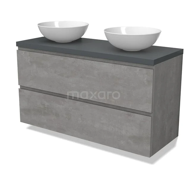 Modulo Plato Vanity units for countertop basin | 120 cm Light grey concrete Handle-less front Dark grey worktop 2 Stacked drawers BMK17-02889