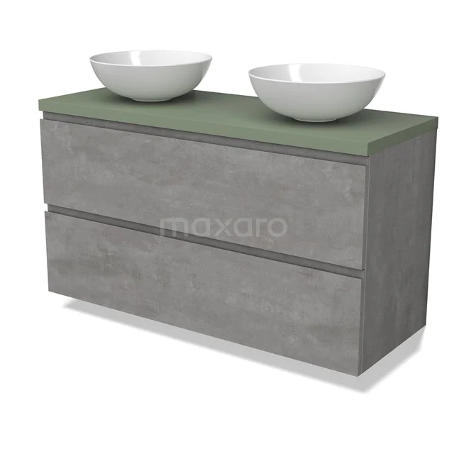 Modulo Plato Vanity units for countertop basin | 120 cm Light grey concrete Handle-less front Sage green worktop 2 Stacked drawers BMK17-02891
