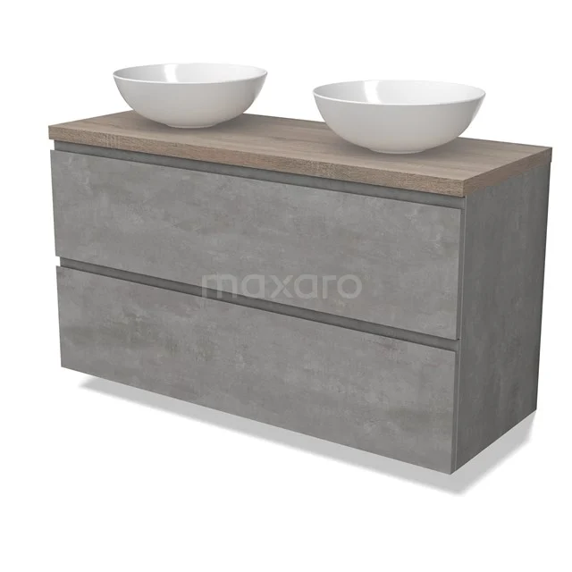 Modulo Plato Badmöbel mit Aufsatzwaschbecken | 120 cm Hellgrauer Beton Grifflos front Eiche blatt 2 übereinanderliegende Schubladen BMK17-02893