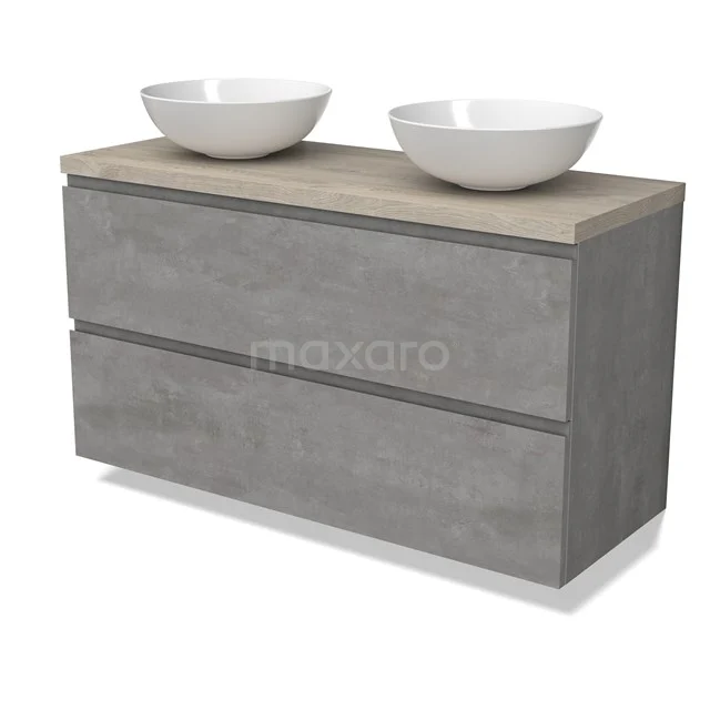 Modulo Plato Badmöbel mit Aufsatzwaschbecken | 120 cm Hellgrauer Beton Grifflos front Hellgraue Eiche blatt 2 übereinanderliegende Schubladen BMK17-02894