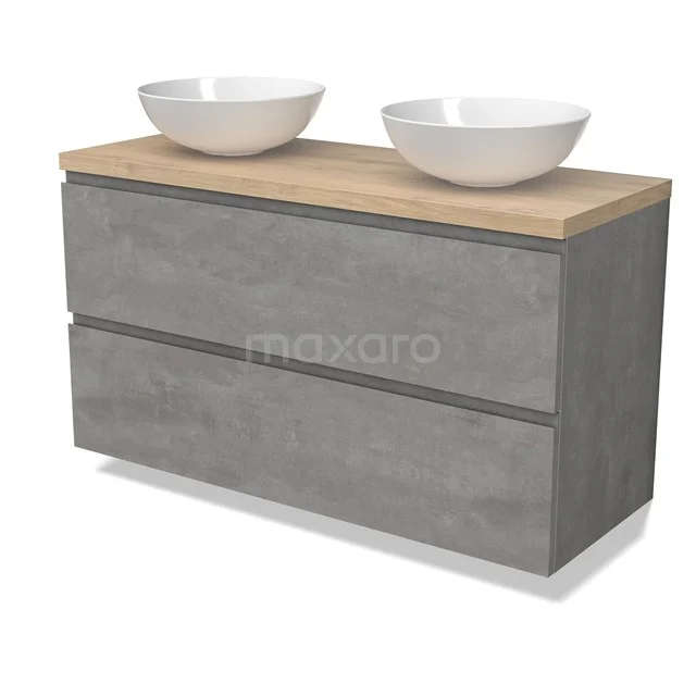 Modulo Plato Vanity units for countertop basin | 120 cm Light grey concrete Handle-less front Light brown oak worktop 2 Stacked drawers BMK17-02895