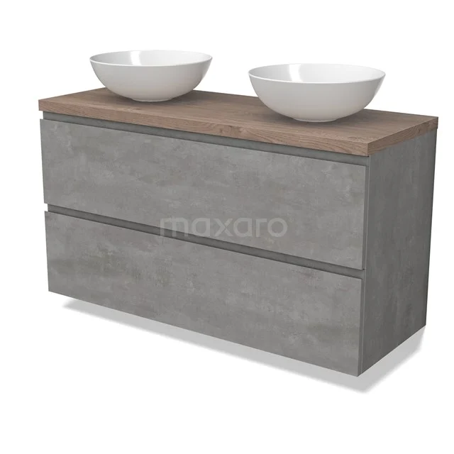 Modulo Plato Badmöbel mit Aufsatzwaschbecken | 120 cm Hellgrauer Beton Grifflos front Mittelbraune Eiche blatt 2 übereinanderliegende Schubladen BMK17-02896