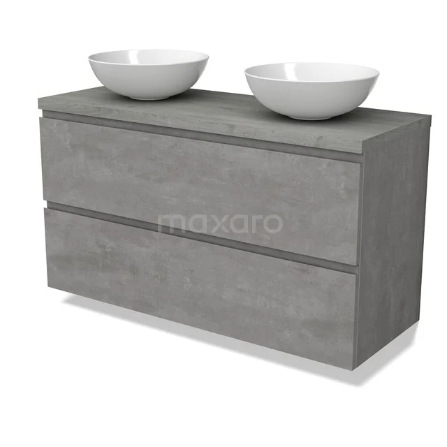 Modulo Plato Vanity units for countertop basin | 120 cm Light grey concrete Handle-less front Grey oak worktop 2 Stacked drawers BMK17-02898