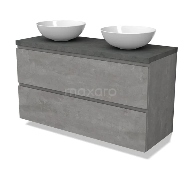 Modulo Plato Vanity units for countertop basin | 120 cm Light grey concrete Handle-less front Dark grey concrete worktop 2 Stacked drawers BMK17-02900