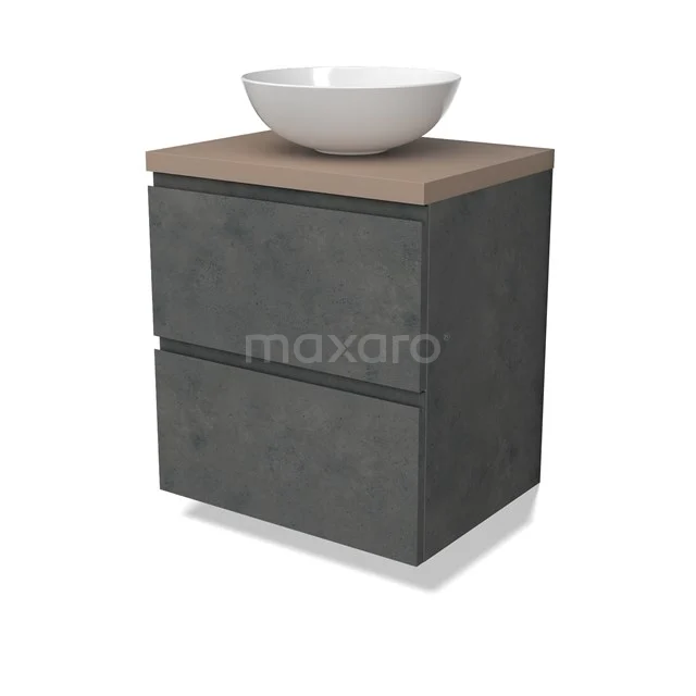 Modulo Plato Badmöbel mit Aufsatzwaschbecken | 60 cm Dunkelgrauer Beton Grifflos front Taupe blatt 2 übereinanderliegende Schubladen BMK17-02902