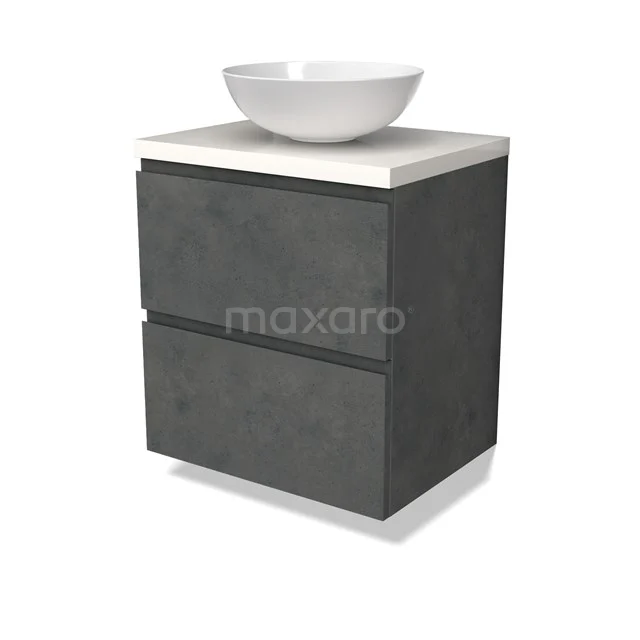 Modulo Plato Badmöbel mit Aufsatzwaschbecken | 60 cm Dunkelgrauer Beton Grifflos front Hochglanz Weiß blatt 2 übereinanderliegende Schubladen BMK17-02904