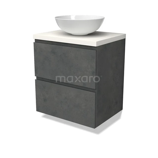 Modulo Plato Vanity units for countertop basin | 60 cm Dark grey concrete Handle-less front Matte white worktop 2 Stacked drawers BMK17-02905