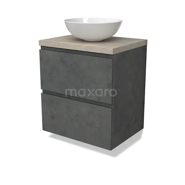 Modulo Plato Badmöbel mit Aufsatzwaschbecken | 60 cm Dunkelgrauer Beton Grifflos front Hellgraue Eiche blatt 2 übereinanderliegende Schubladen BMK17-02911