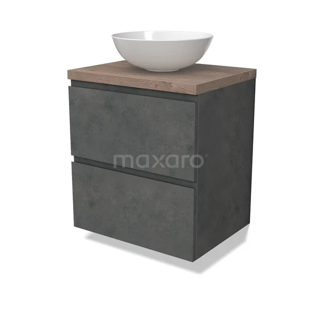 Modulo Plato Badmöbel mit Aufsatzwaschbecken | 60 cm Dunkelgrauer Beton Grifflos front Mittelbraune Eiche blatt 2 übereinanderliegende Schubladen BMK17-02913