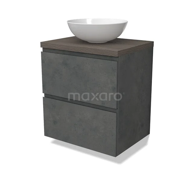 Modulo Plato Vanity units for countertop basin | 60 cm Dark grey concrete Handle-less front Dark brown oak worktop 2 Stacked drawers BMK17-02914
