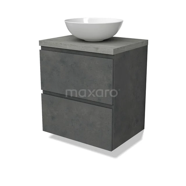 Modulo Plato Badmöbel mit Aufsatzwaschbecken | 60 cm Dunkelgrauer Beton Grifflos front Graue Eiche blatt 2 übereinanderliegende Schubladen BMK17-02915