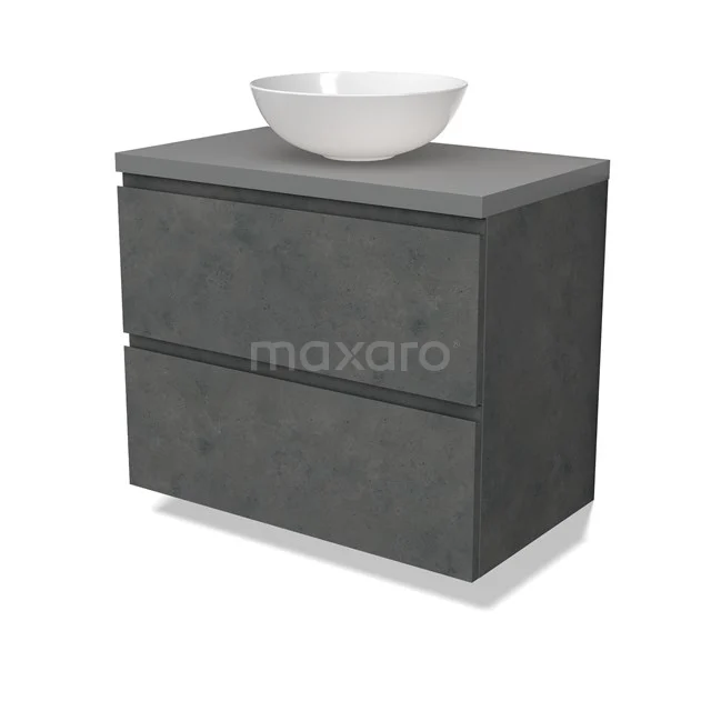 Modulo Plato Badmöbel mit Aufsatzwaschbecken | 80 cm Dunkelgrauer Beton Grifflos front Mittelgrau blatt 2 übereinanderliegende Schubladen BMK17-02920