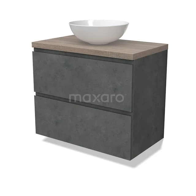 Modulo Plato Vanity units for countertop basin | 80 cm Dark grey concrete Handle-less front Oak worktop 2 Stacked drawers BMK17-02927