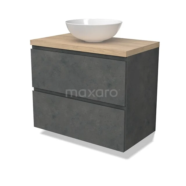 Modulo Plato Badmöbel mit Aufsatzwaschbecken | 80 cm Dunkelgrauer Beton Grifflos front Hellbraune Eiche blatt 2 übereinanderliegende Schubladen BMK17-02929