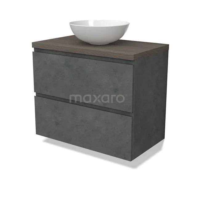 Modulo Plato Vanity units for countertop basin | 80 cm Dark grey concrete Handle-less front Dark brown oak worktop 2 Stacked drawers BMK17-02931