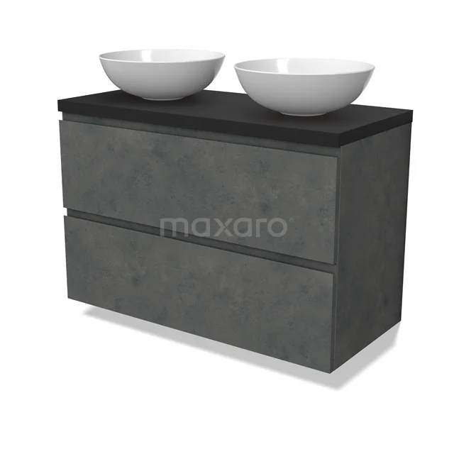Modulo Plato Vanity units for countertop basin | 100 cm Dark grey concrete Handle-less front Matte black worktop 2 Stacked drawers BMK17-02935