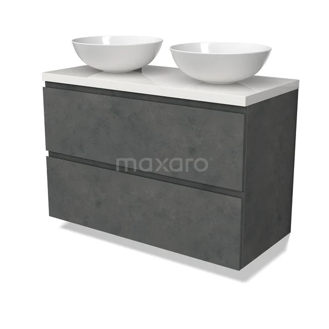 Modulo Plato Badmöbel mit Aufsatzwaschbecken | 100 cm Dunkelgrauer Beton Grifflos front Hochglanz Weiß blatt 2 übereinanderliegende Schubladen BMK17-02938