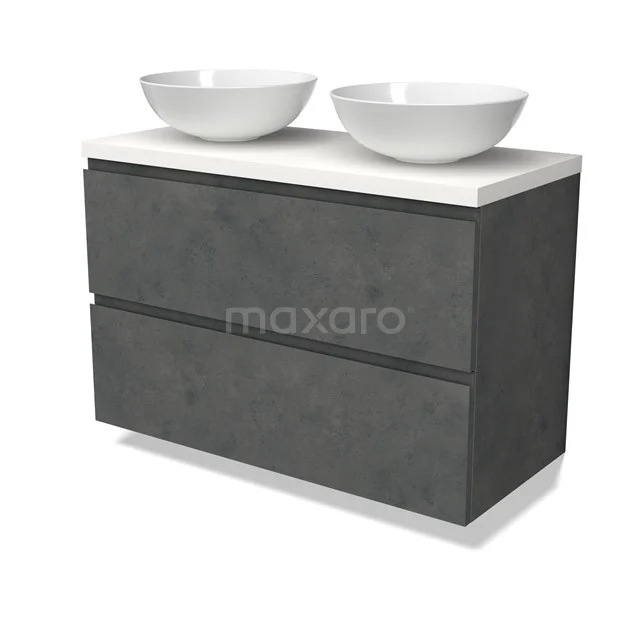 Modulo Plato Badmöbel mit Aufsatzwaschbecken | 100 cm Dunkelgrauer Beton Grifflos front Matt Weiß blatt 2 übereinanderliegende Schubladen BMK17-02939