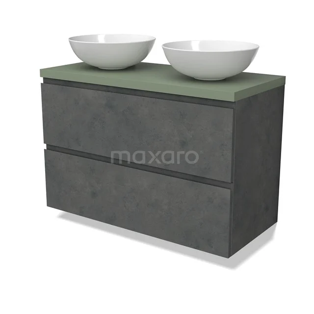 Modulo Plato Vanity units for countertop basin | 100 cm Dark grey concrete Handle-less front Sage green worktop 2 Stacked drawers BMK17-02942